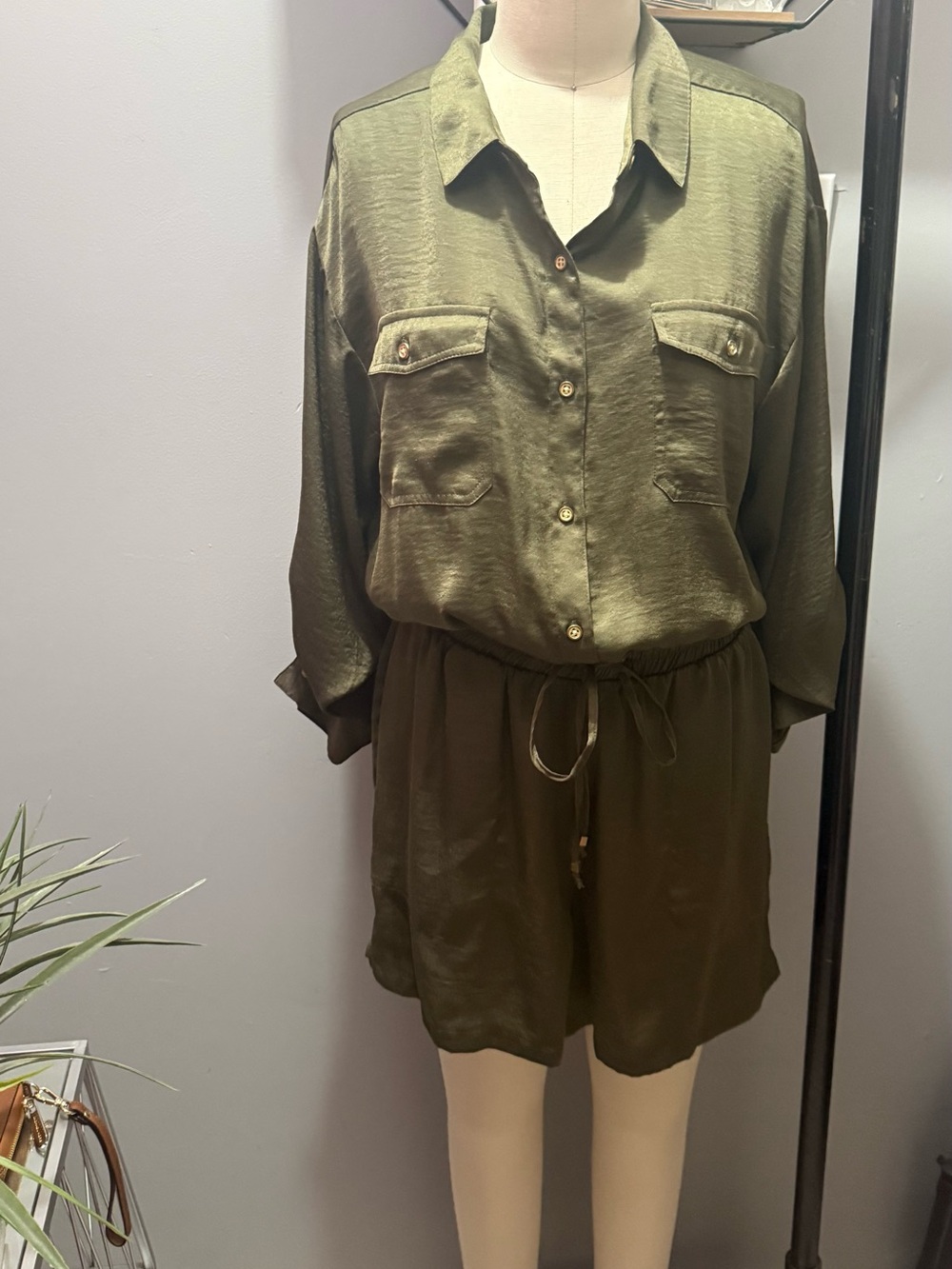 Jennifer Lopez Olive Satin Utility Romper